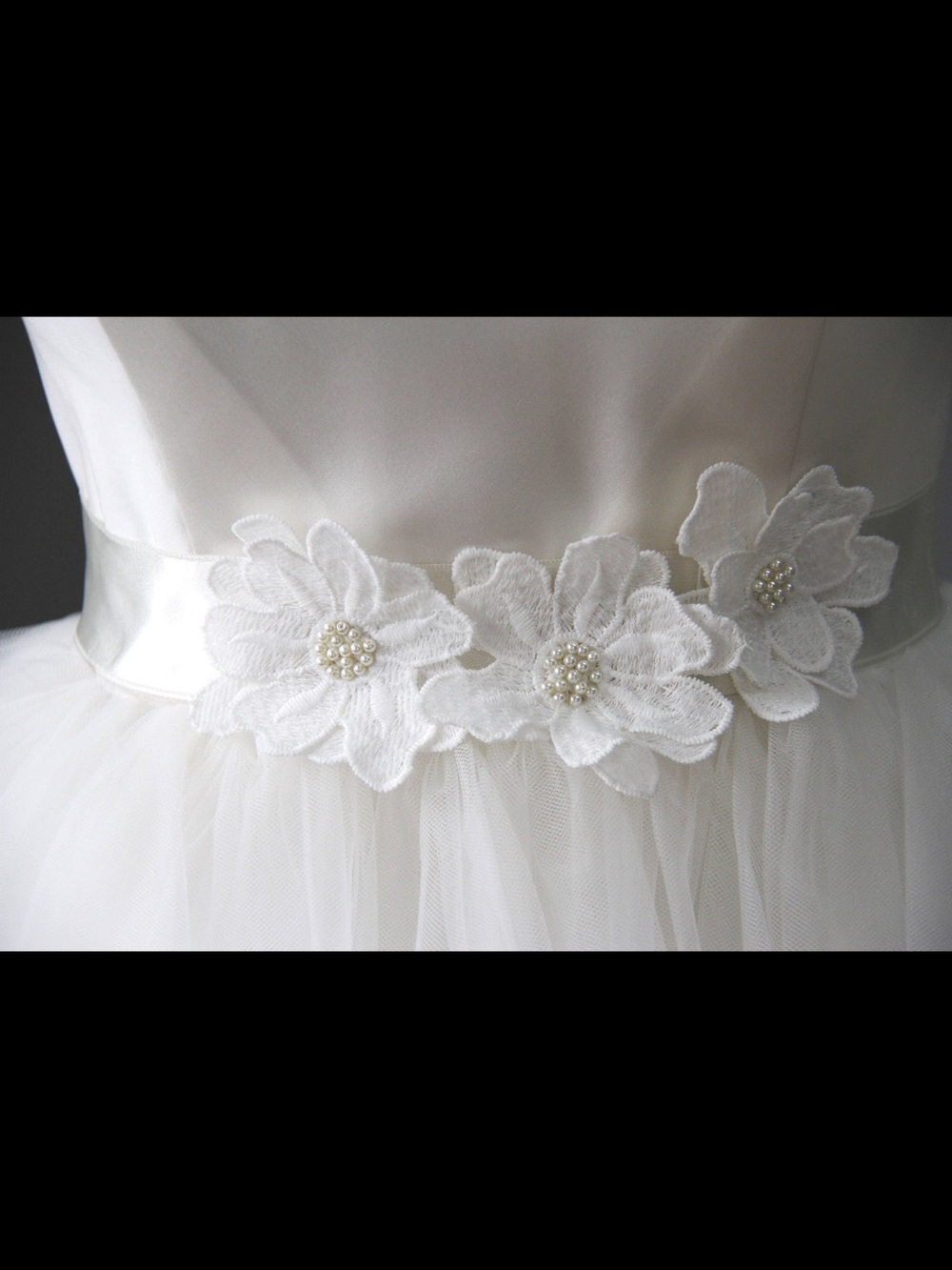 Satin Wedding Belt with hand-stitched flowers; White Floral Pearl Sash Belt